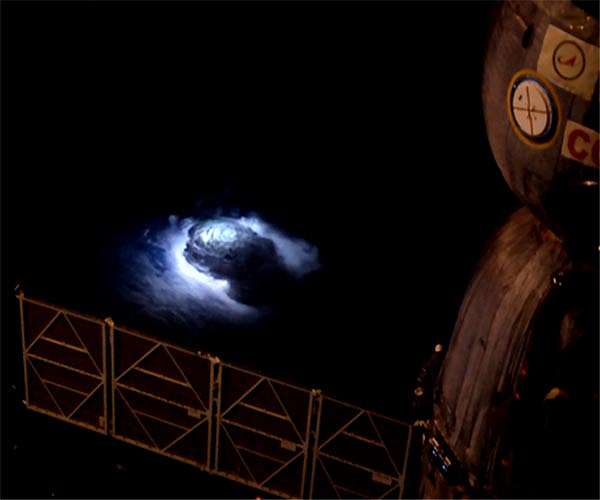 Fireworks of blue lightning and gamma rays above thunderclouds