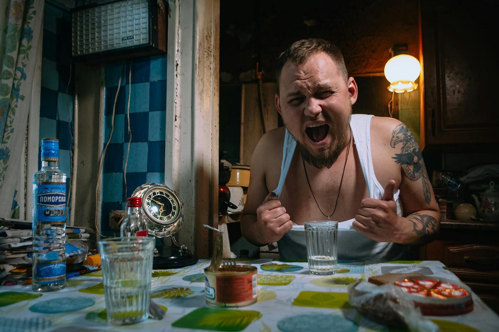 tired man kitchen evening