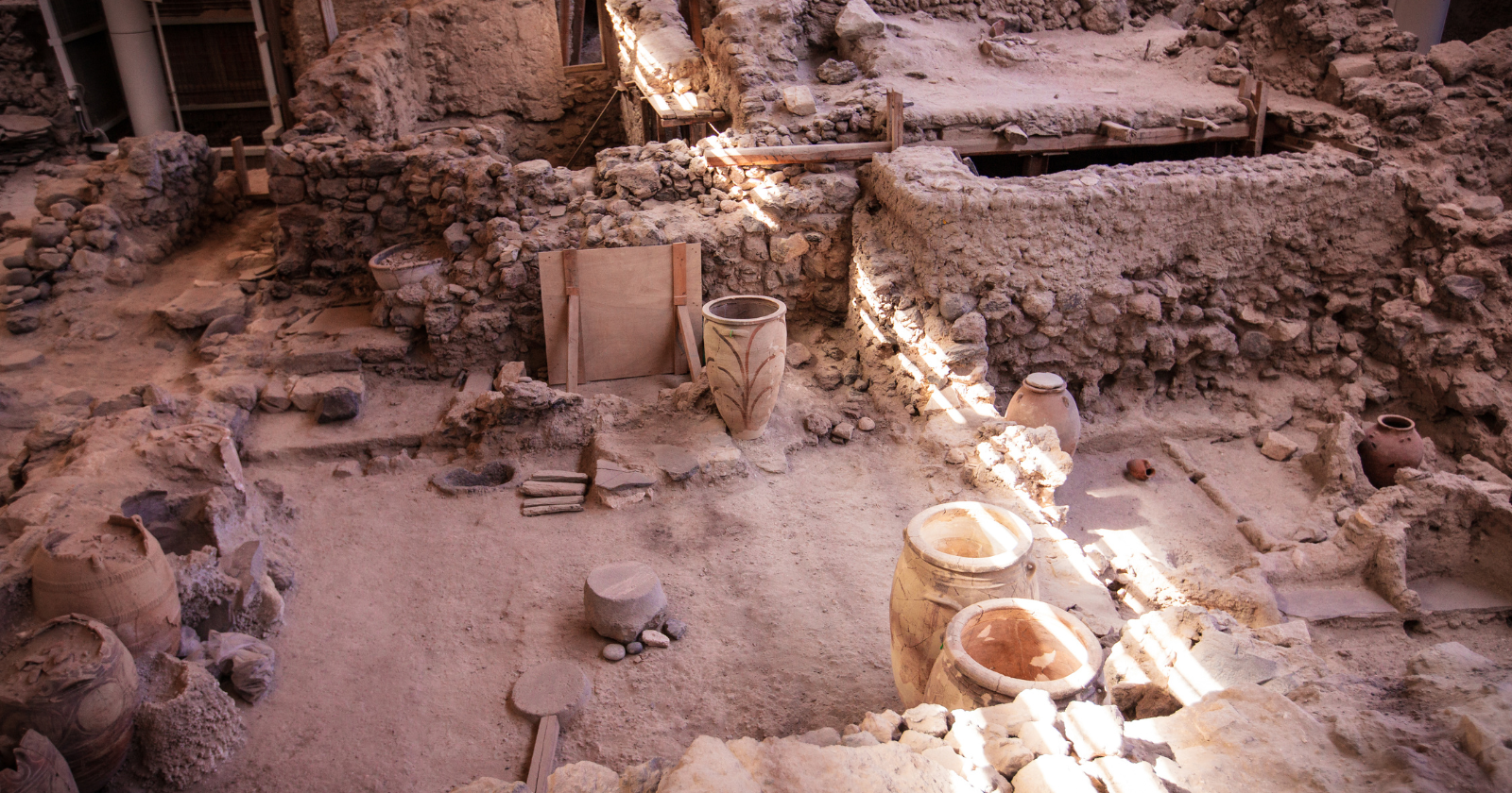 The Bronze Age civilization that built the city of Akrotiri on Santorini around 1600 BCE appears to have known a volcanic eruption was coming and evacuated almost everyone before it happened — archaeologists have found no bodies in the ruins, just abandoned belongings — and to this day nobody fully understands what warning signs they read, or where they went after they left