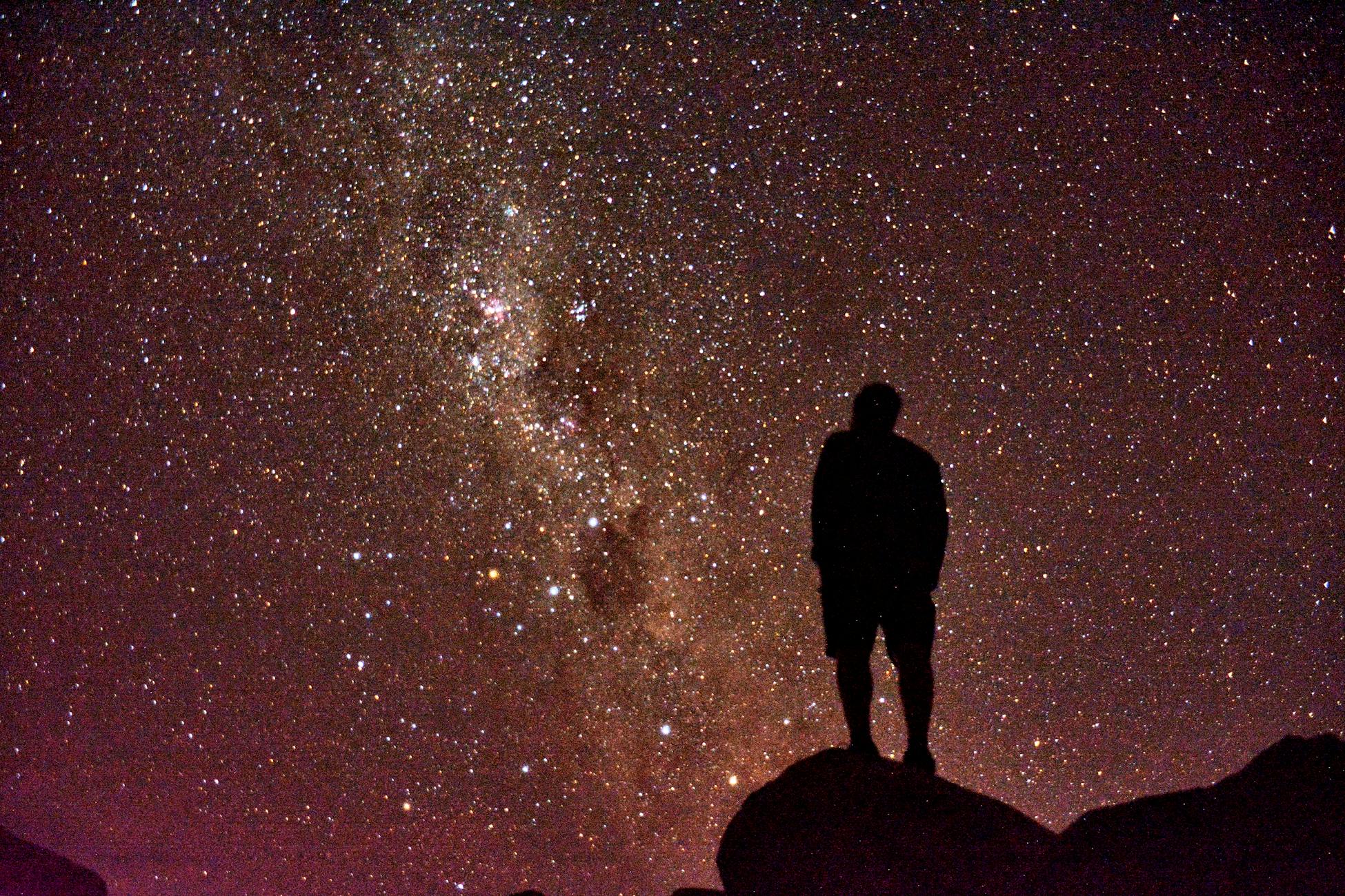 A person silhouetted against the starry night sky observing the Milky Way in New Zealand.