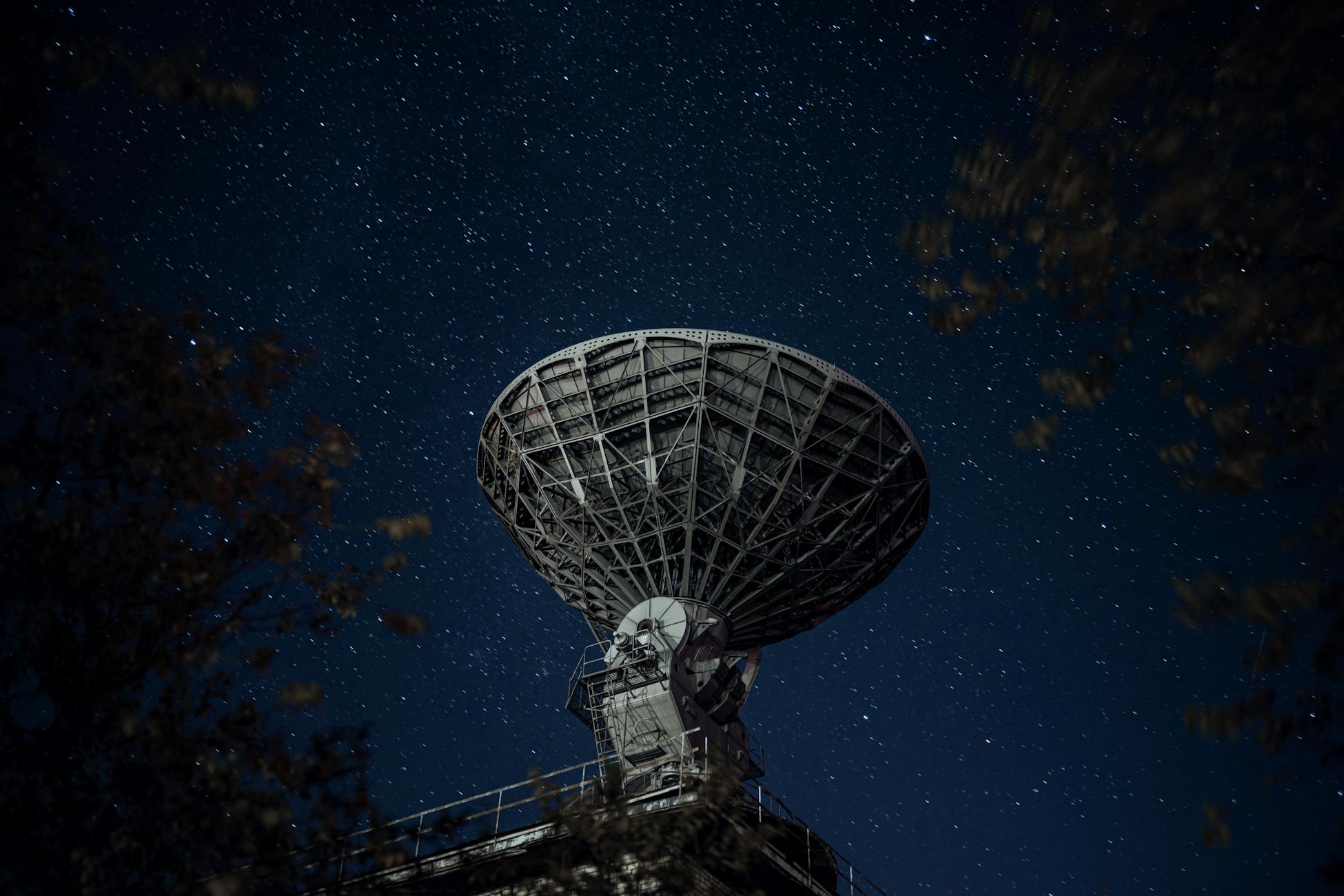 From below of blue starry sky over radio telescope and trees with leaves