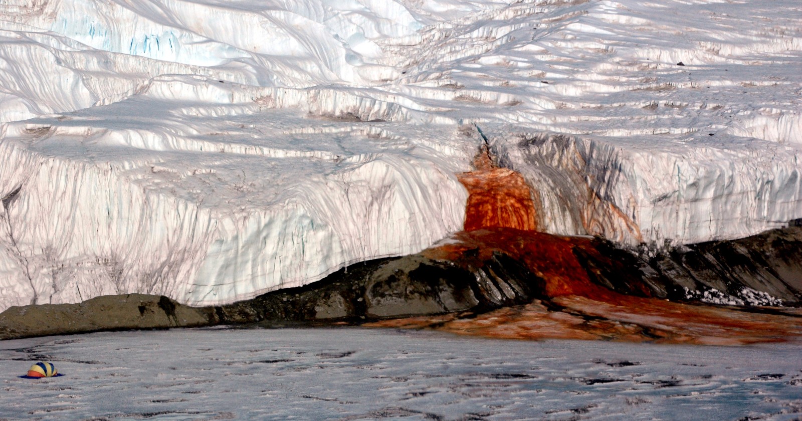 Antarctica’s Blood Falls runs red because iron-rich brine reddens on contact with the air
