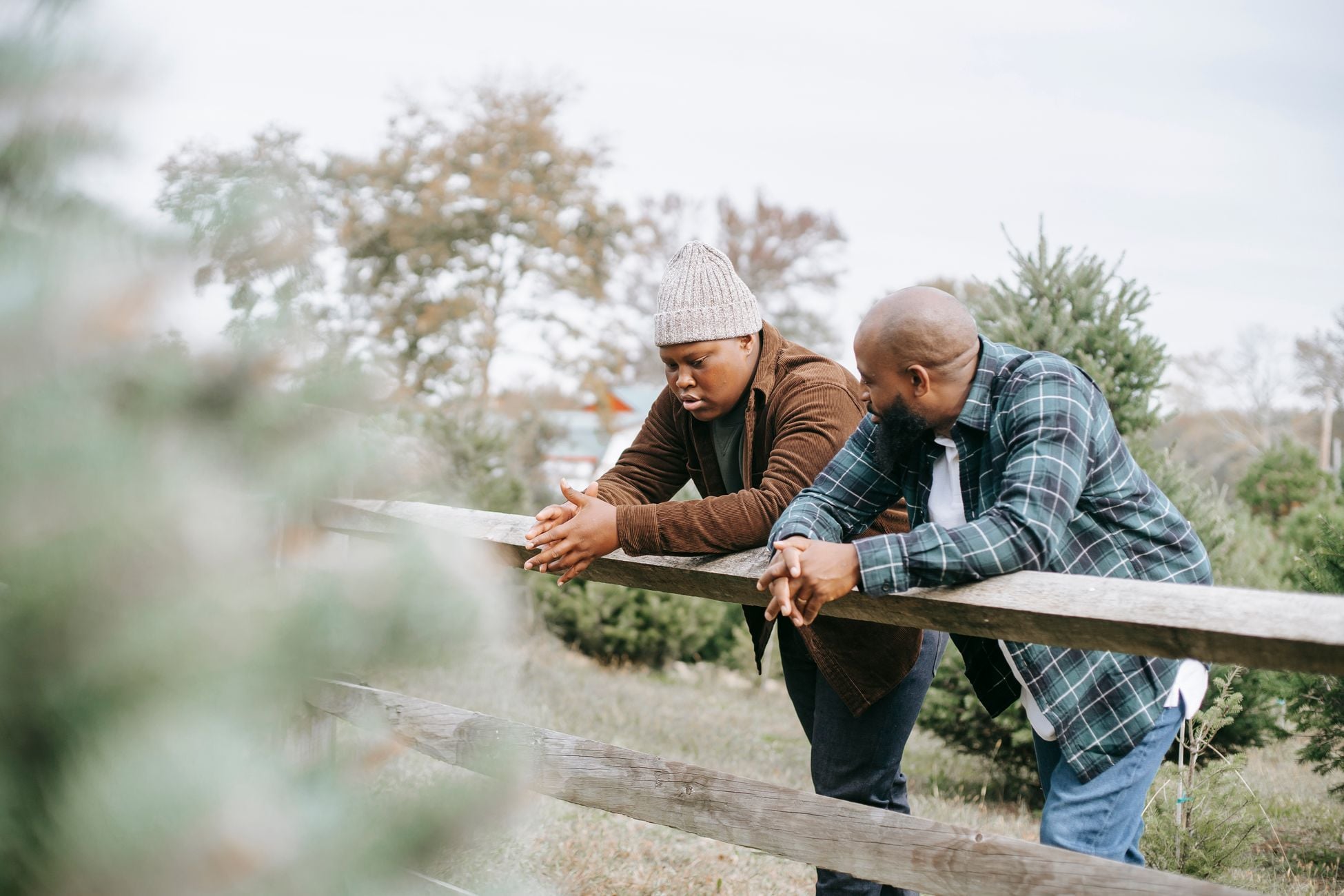 African American hipster man speaking with plump son near wooden fence and trees in countryside