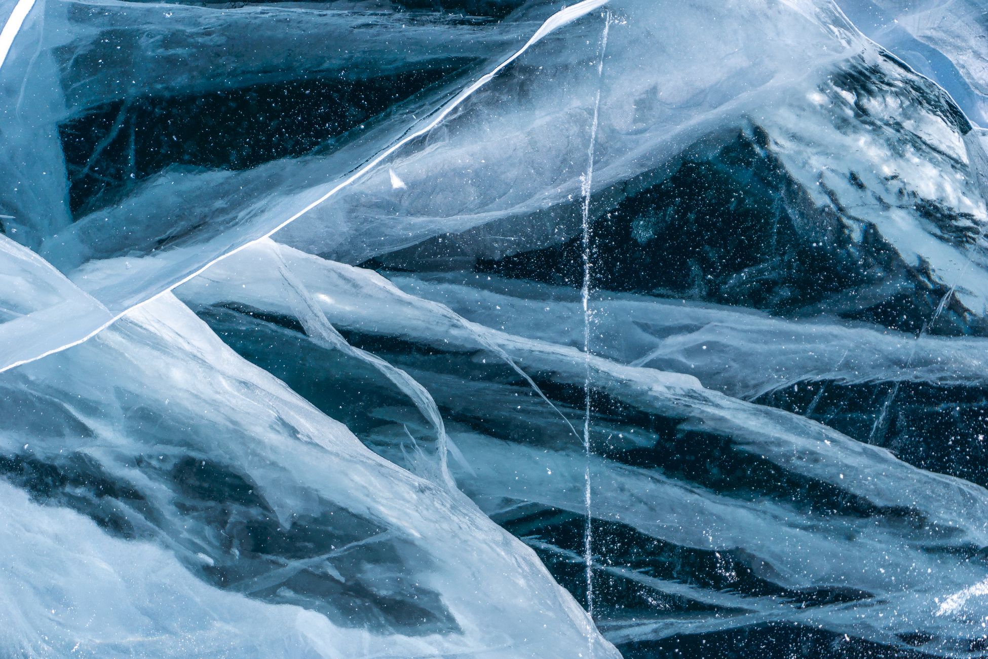 Close-up of striking ice formations on Lake Baikal's frozen surface in winter.