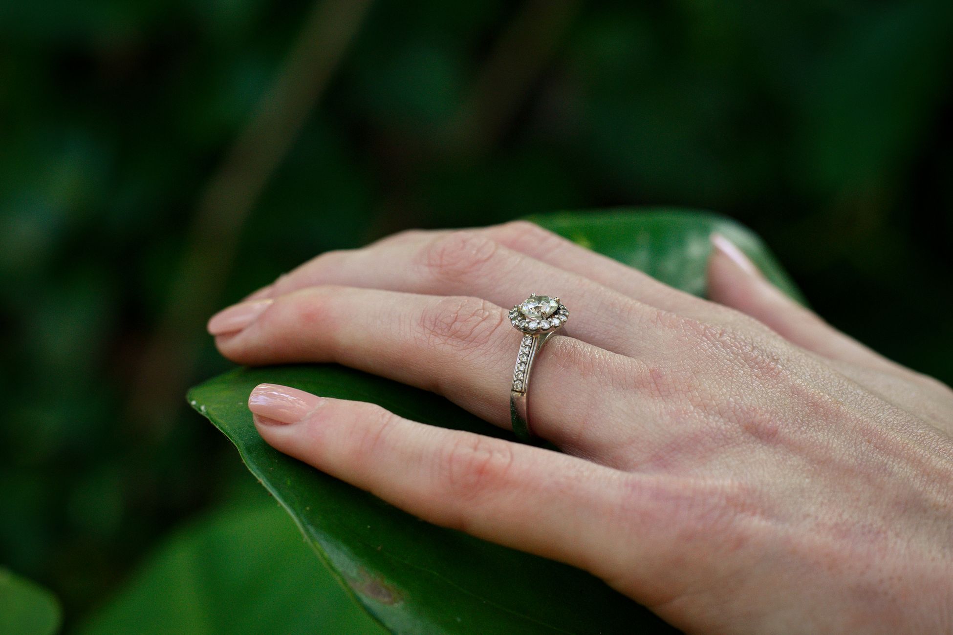 Elegant close-up of a hand showcasing a diamond engagement ring against a natural background.