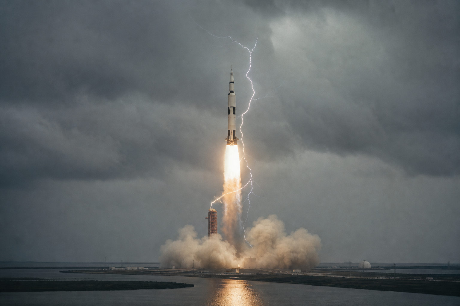 Apollo 12 was struck by lightning twice within a minute of launch and survived because one flight controller recognized an obscure electrical pattern almost nobody else in Mission Control understood
