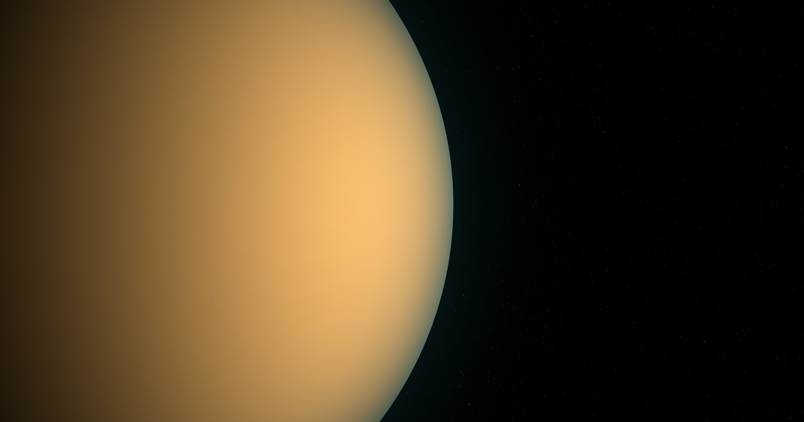 Titan turns so slowly that one rotation takes almost sixteen Earth days, and it is locked in place, showing Saturn the same face forever — so from one side of the moon the ringed planet hangs permanently in the sky, and from the other it is never seen at all