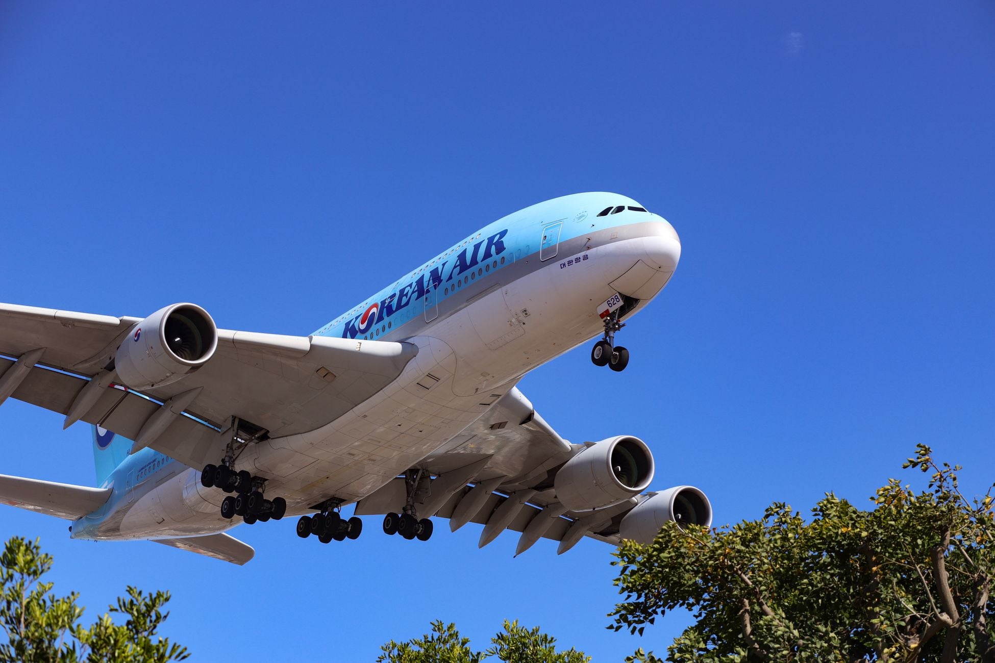A large airliner flying low against a clear blue sky, captured in daytime.