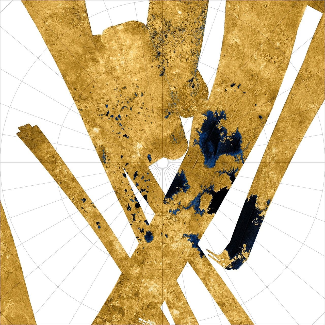 False-colour Cassini radar mosaic of rivers, lakes and seas near Titan's north pole