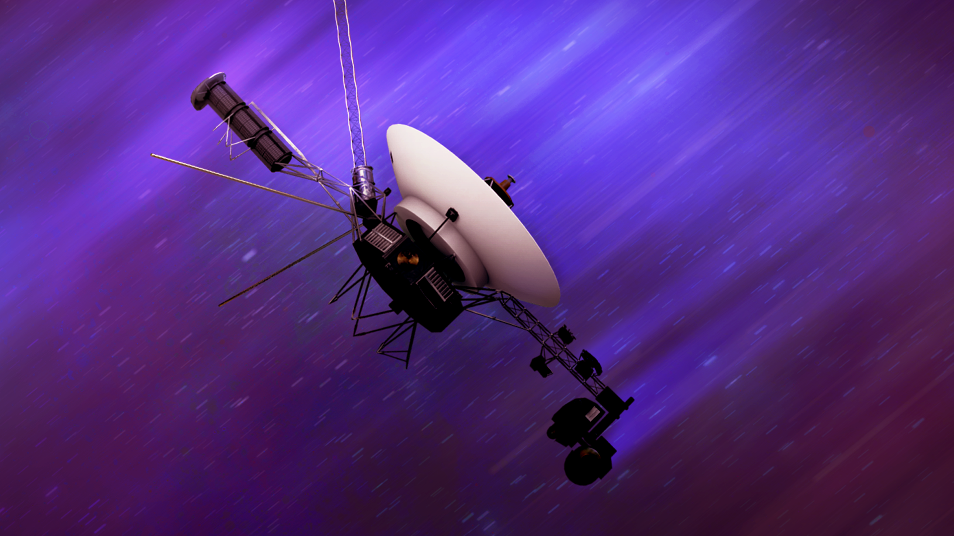 Artist concept of a Voyager spacecraft traveling through interstellar space