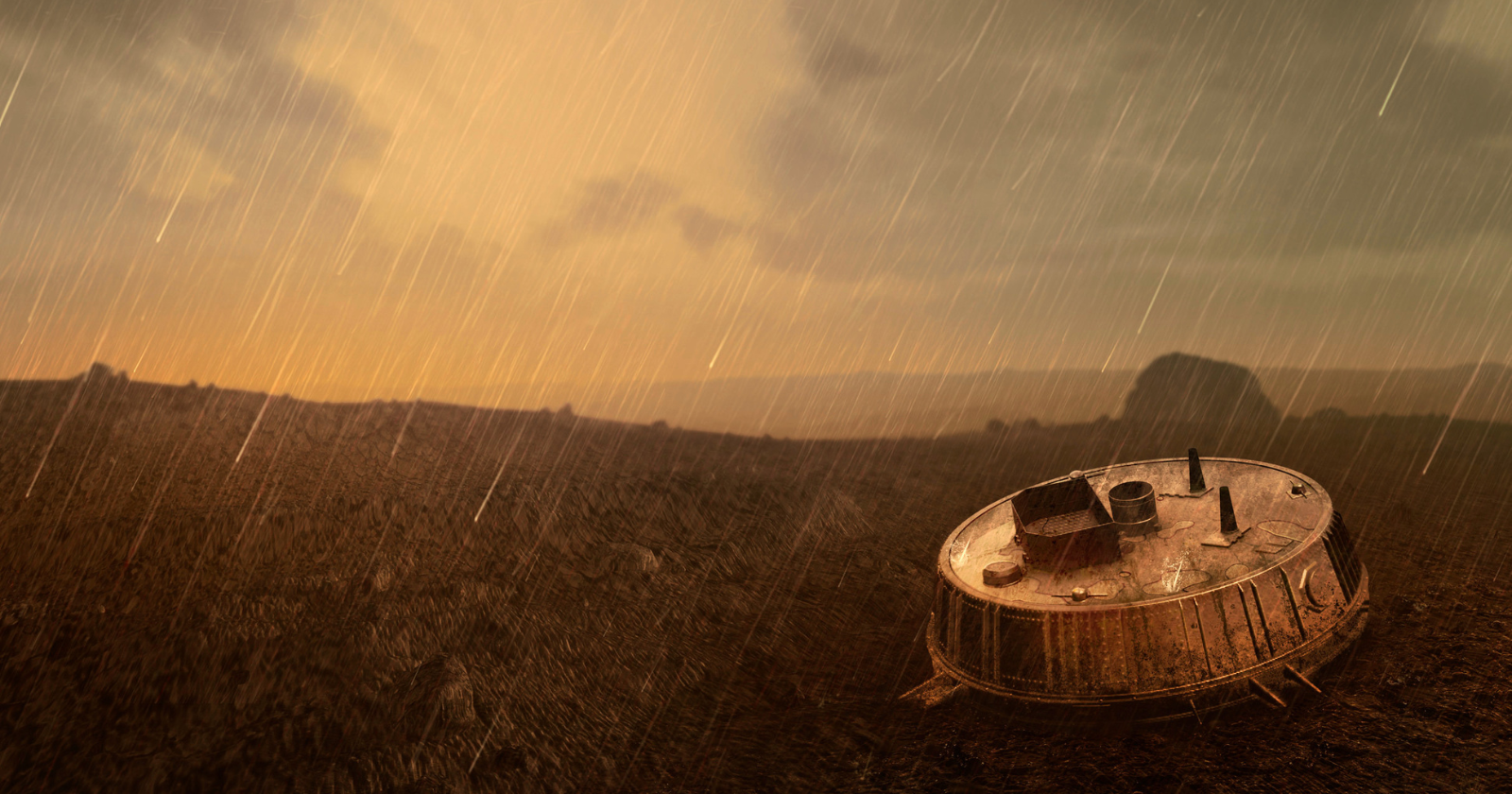 Huygens touched down on Titan at roughly the speed of a ball dropped from a metre up, denting the ground by 12 centimetres before it bounced, slid 30 centimetres, and wobbled five times on ground one scientist likened to snow frozen on top