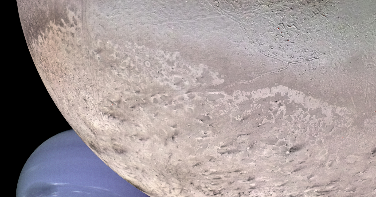 Voyager 2 passed Neptune's moon Triton in 1989 and photographed it erupting, a discovery scientists called the flyby's biggest surprise — dark plumes rising nearly eight kilometres and then drifting 150 kilometres downwind, on the coldest surface known