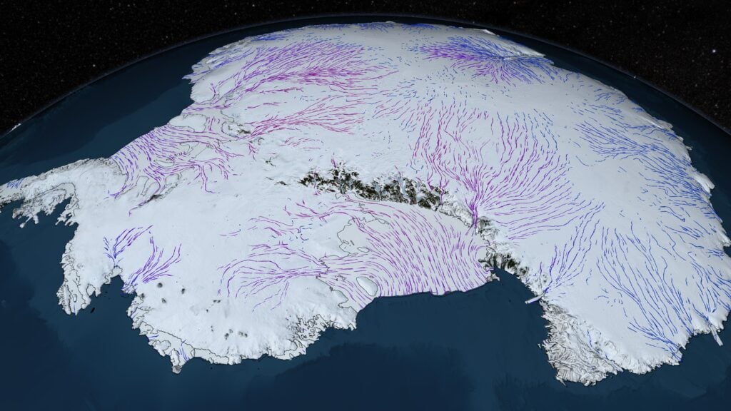 Photo: Spacedaily Oblique NASA visualisation of Antarctica showing ice-sheet relief and coloured ice-flow lines