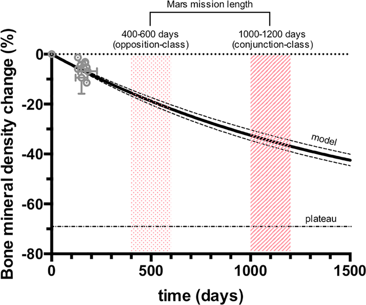 A round-trip Mars mission could last roughly three years, and a model based on bone-density data from 69 astronauts predicted that everyone following the longer mission profile would return with osteopenia, while roughly one-third could be at risk of osteoporosis.