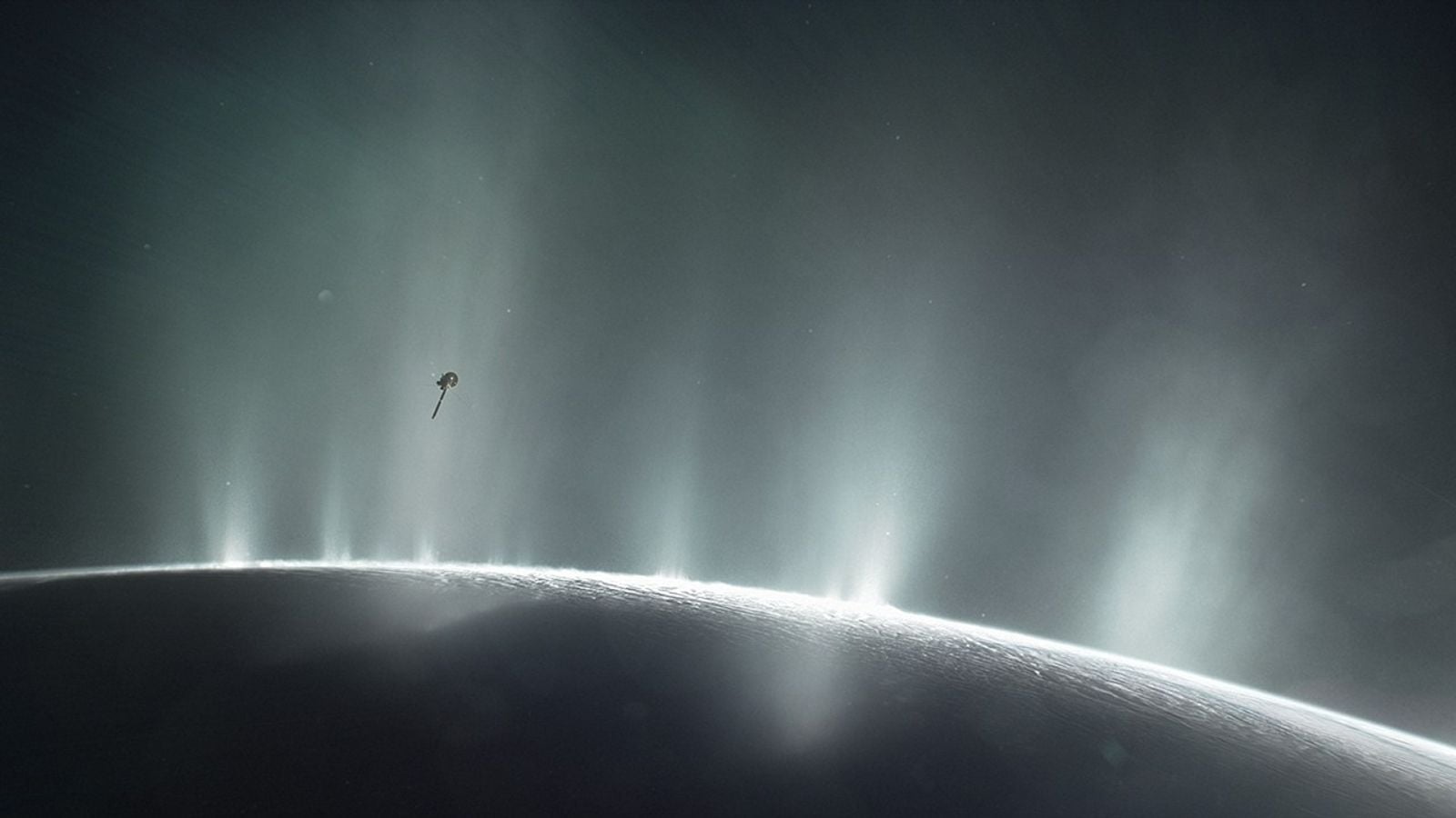 Enceladus hides a salty ocean beneath its ice but also blasts that ocean directly into space, which means a spacecraft can test water from a potentially habitable sea simply by flying through the plume — no landing, drilling, or journey through kilometres of frozen crust required.