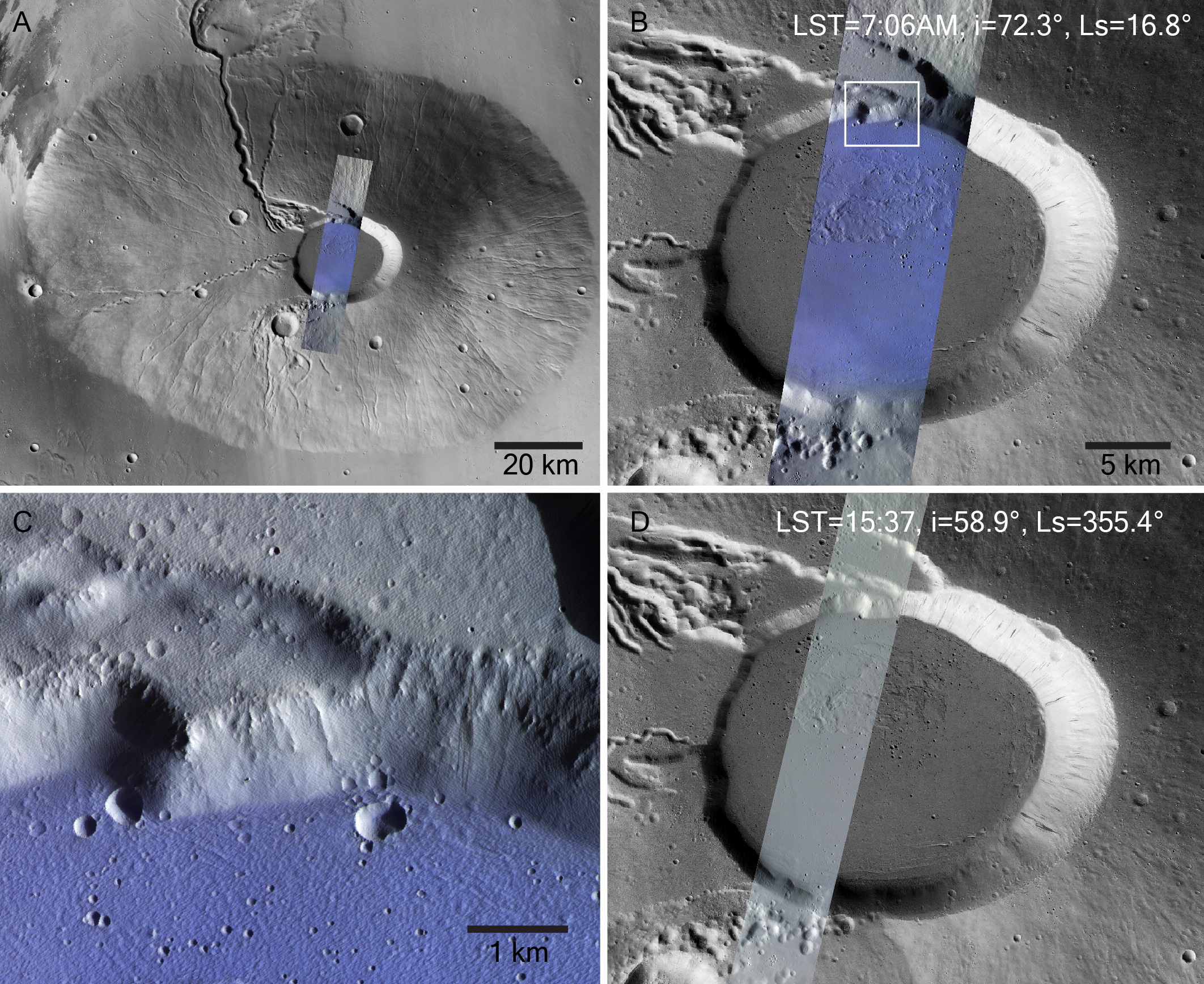 Across Olympus Mons and three other giant Martian volcanoes, seasonal morning frost only about 0.01 millimetres thick disappears within hours of sunrise—yet collectively, approximately 150,000 tonnes of water, enough to fill 60 Olympic swimming pools, may cycle between the surface and atmosphere each cold-season day.