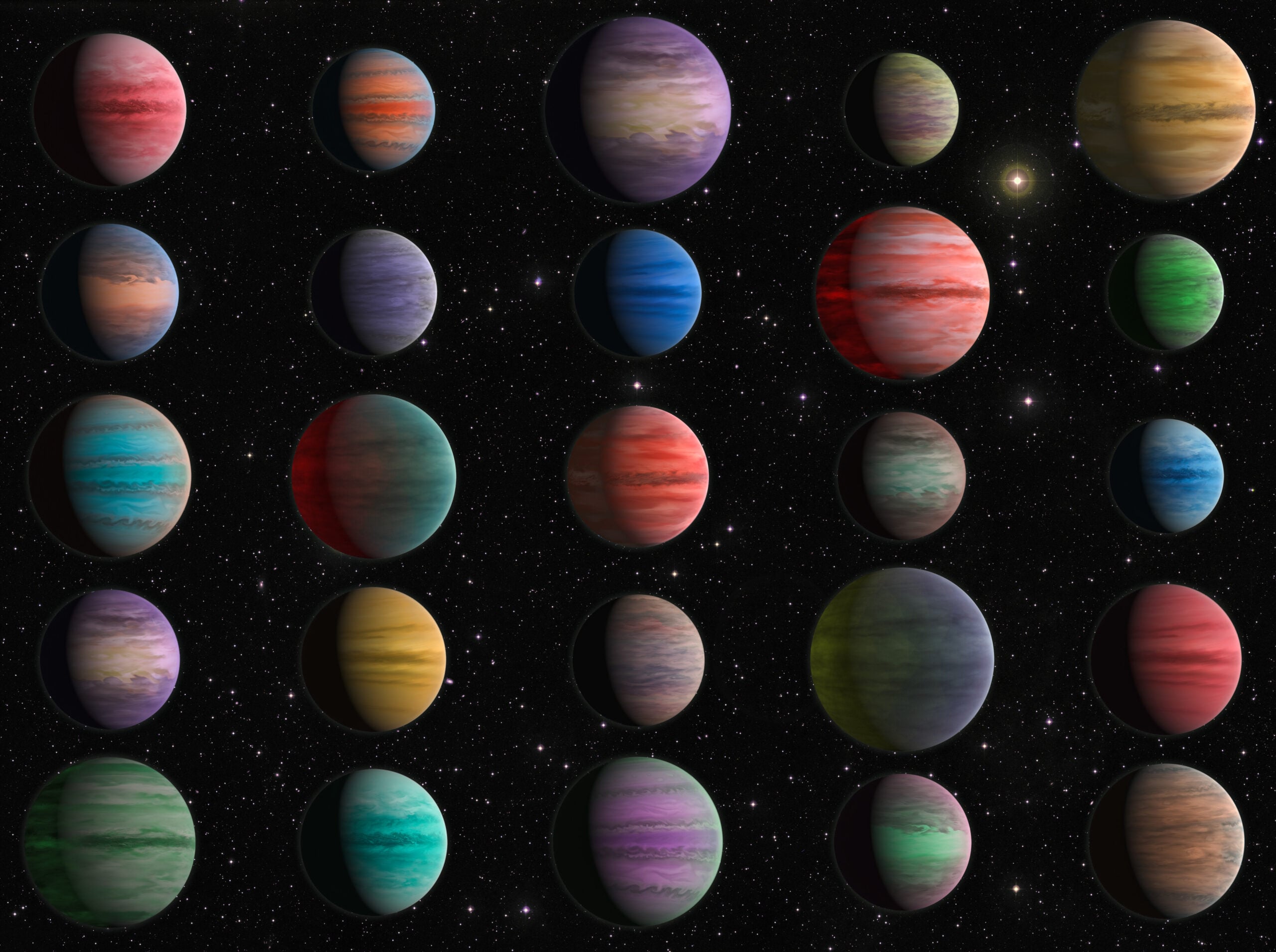 Generic artist's impression showing 25 hot Jupiters in varied colours and cloud patterns
