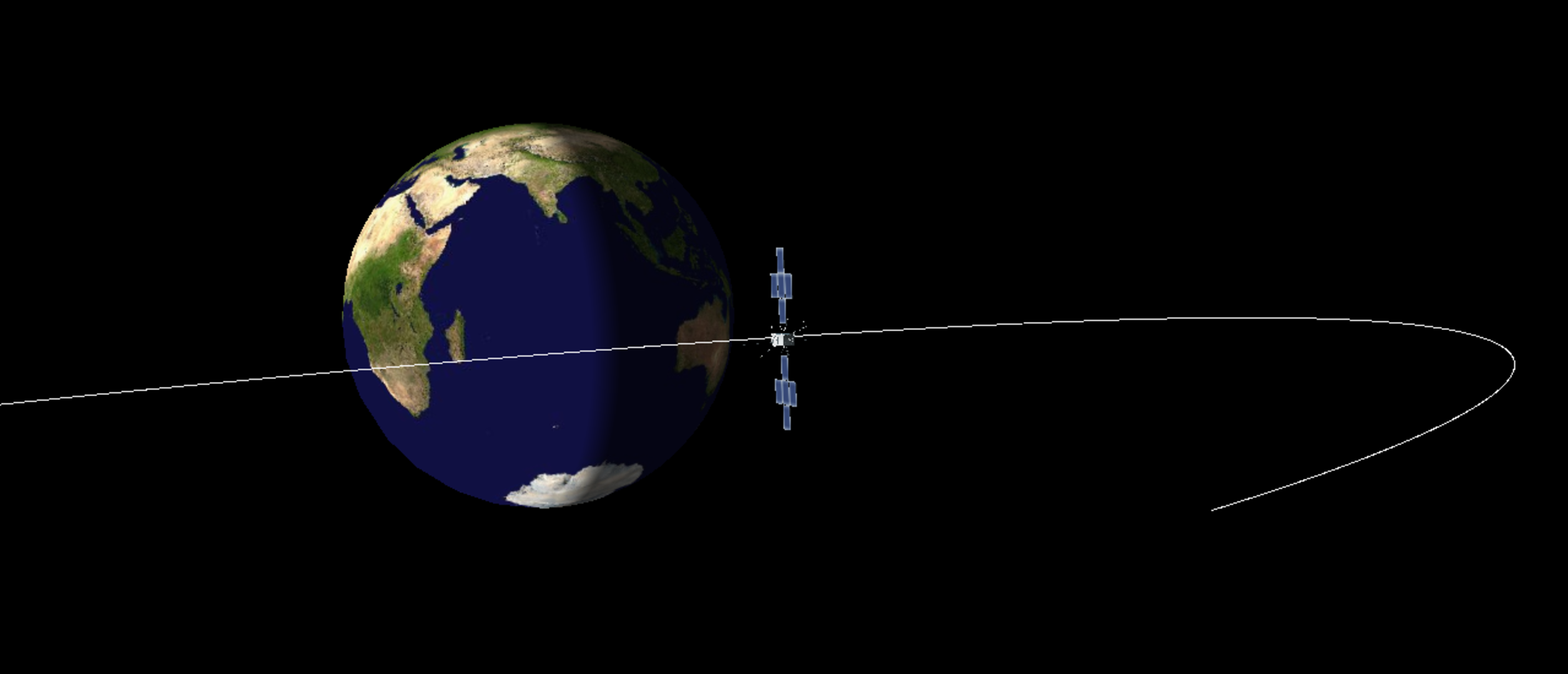 Illustration of ESA’s Juice spacecraft flying past Earth, with its curved trajectory traced across the frame