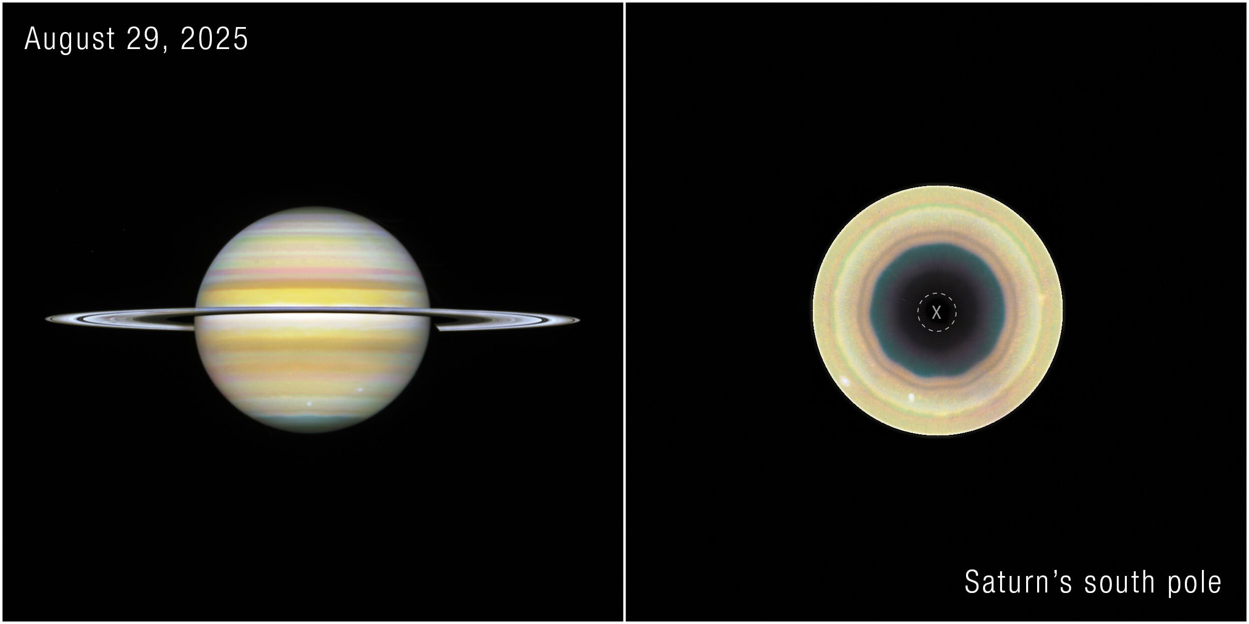 Astronomers using Hubble found a new roughly 104,000-mile-wide ten-sided storm forming at Saturn’s south pole, a geometric twin to the famous hexagon that has long circled the north