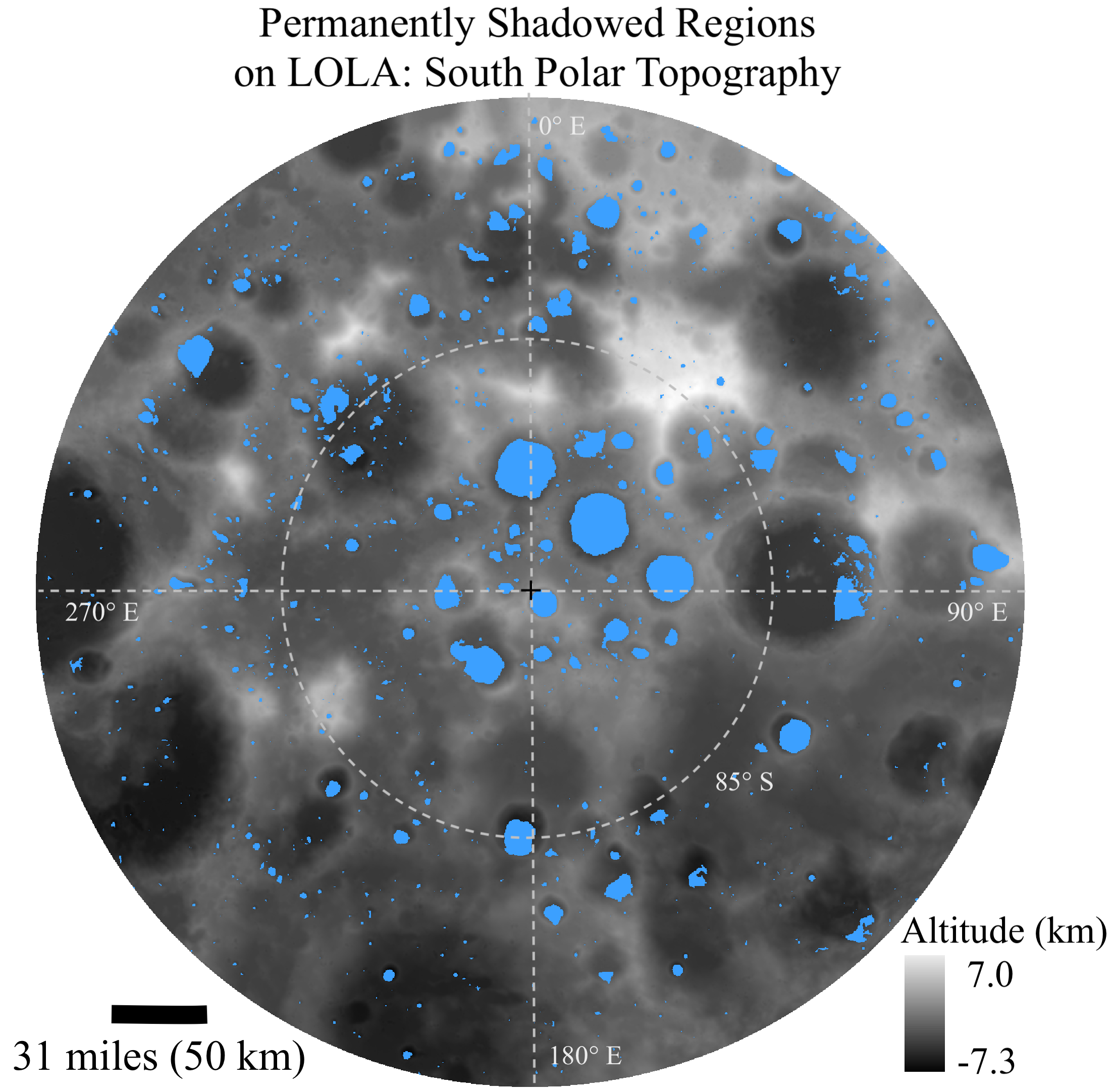 Map of the Moon's south-polar topography with permanently shadowed regions highlighted in blue