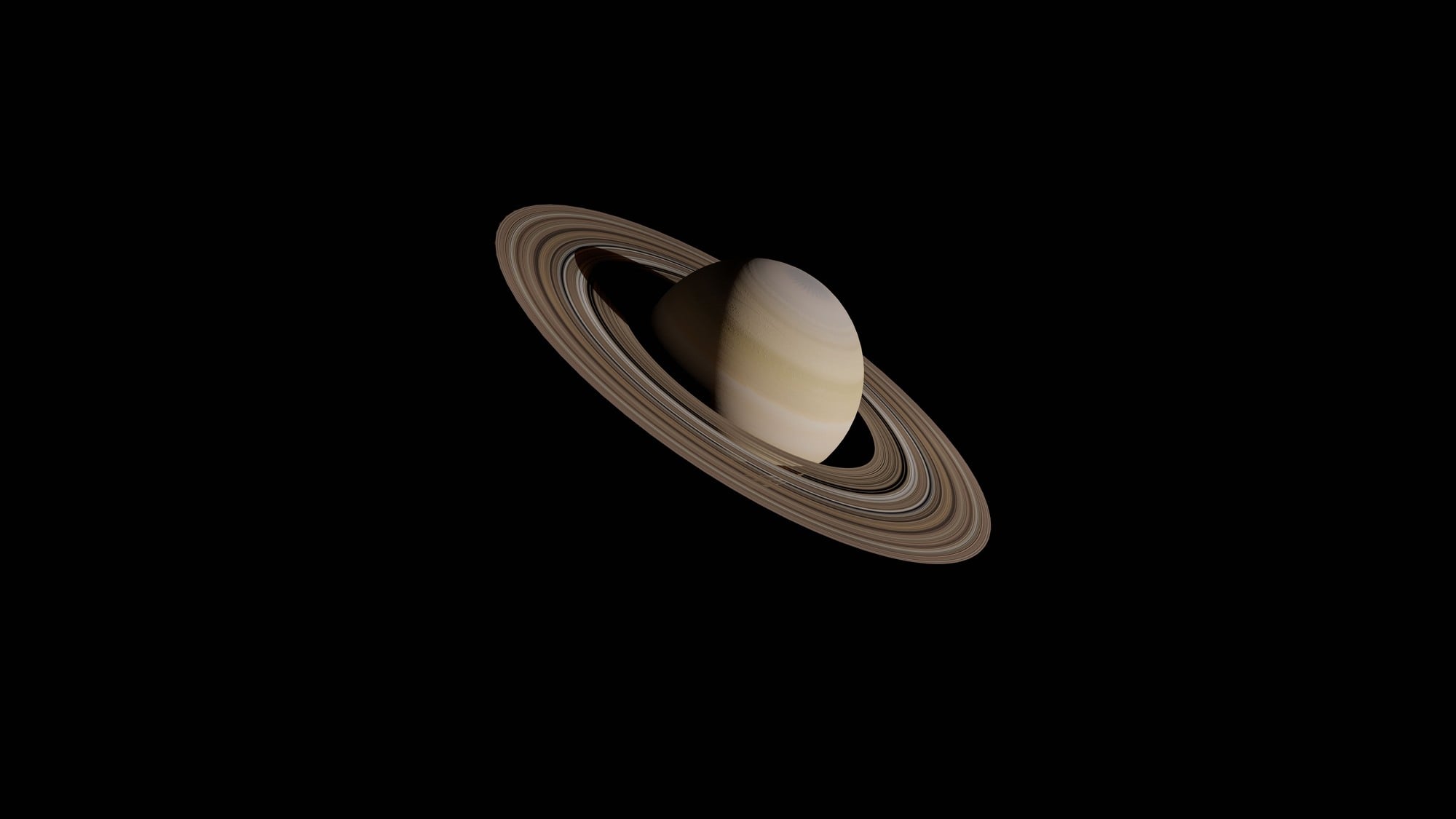Digital rendering of Saturn and its rings against a black background
